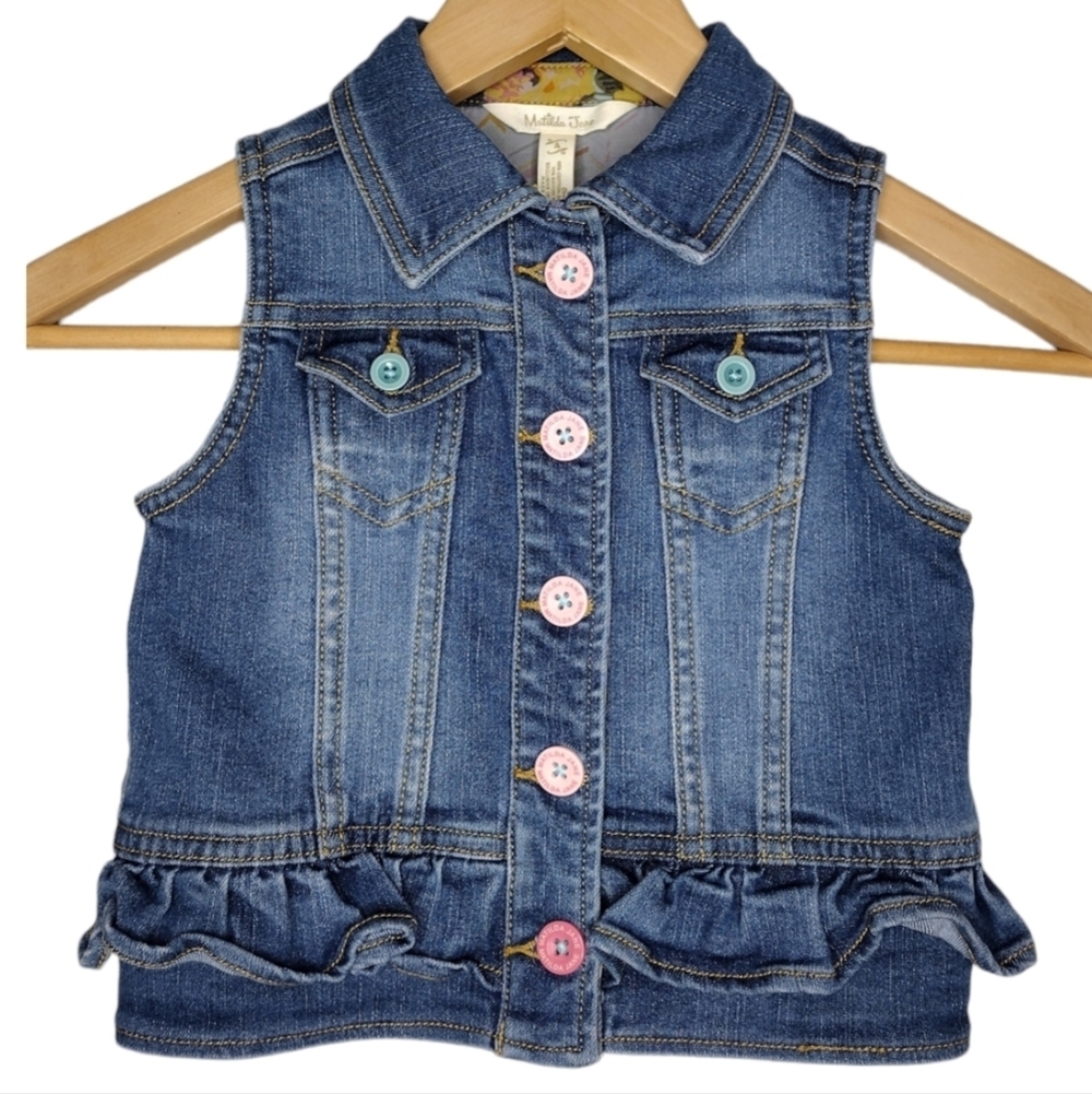 Matilda Jane Denim Cotton Blend Sleeveless Front Button Down Jacket Size 4